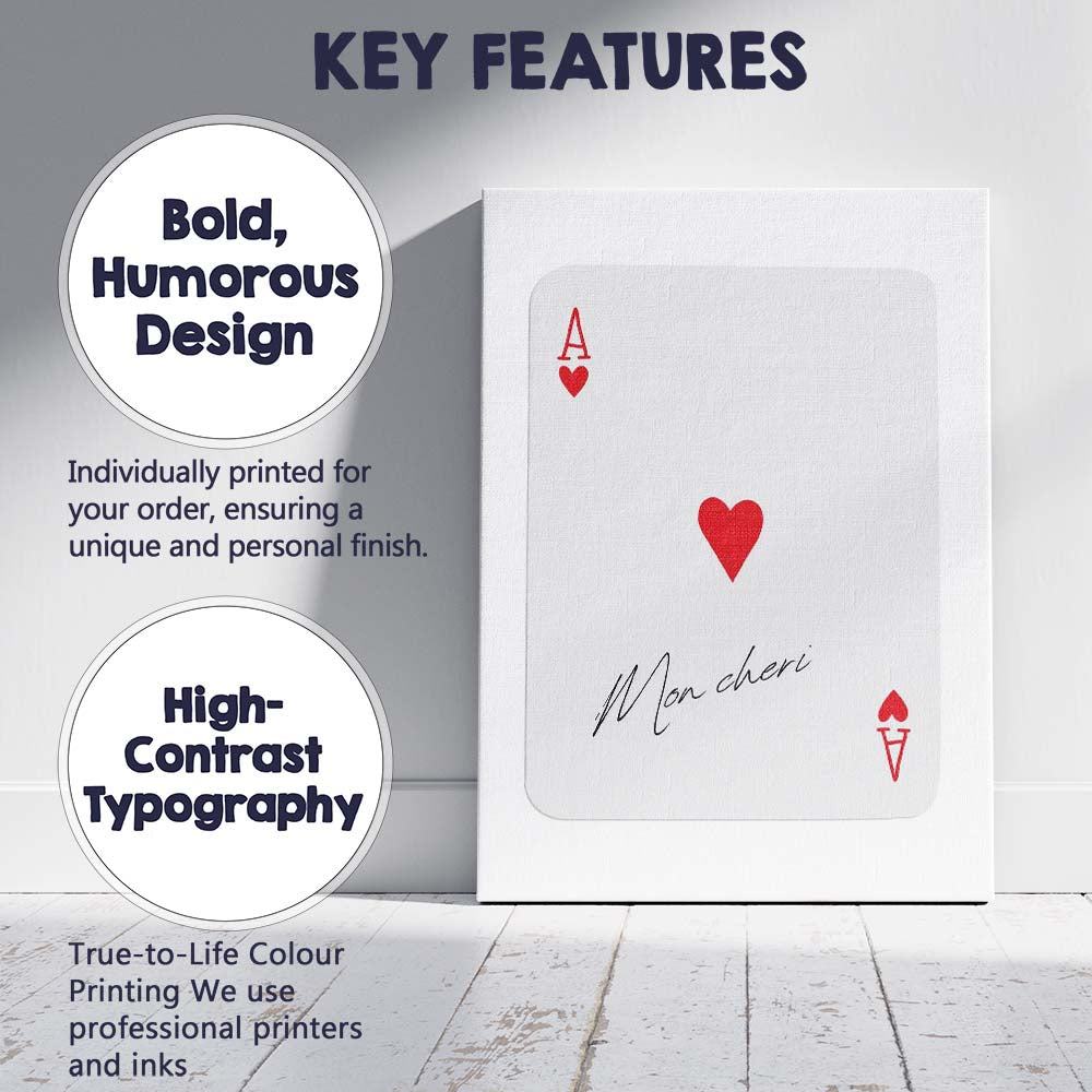 Minimalist Red Mon Cheri Ace of Hearts Playing Card Canvas Wall Art Print Decor Picture Ready to Hang