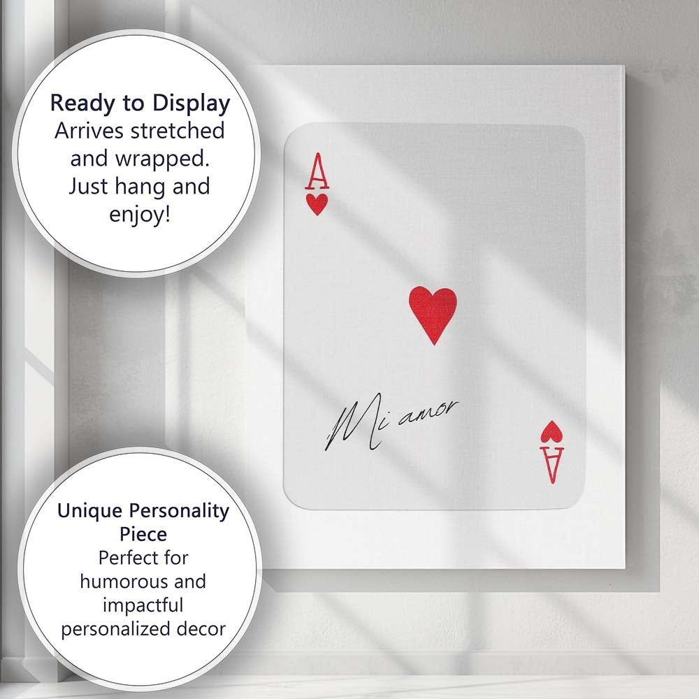 Minimalist Red Mi Amor Ace of Hearts Playing Card Canvas Wall Art Print Decor Picture Ready to Hang