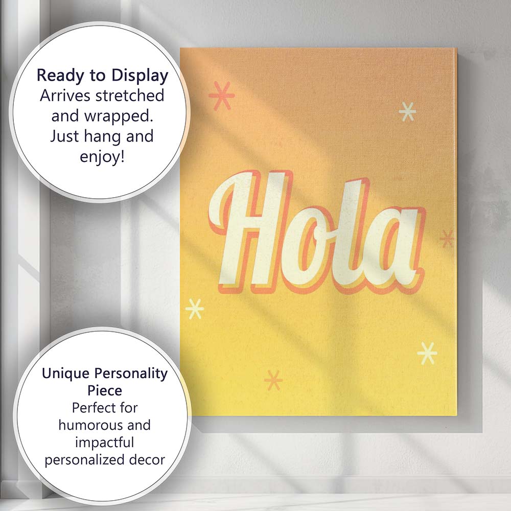 Bold Retro Hola Typography Warm Yellow Gradient Canvas Wall Art Print Decor Picture Ready to Hang