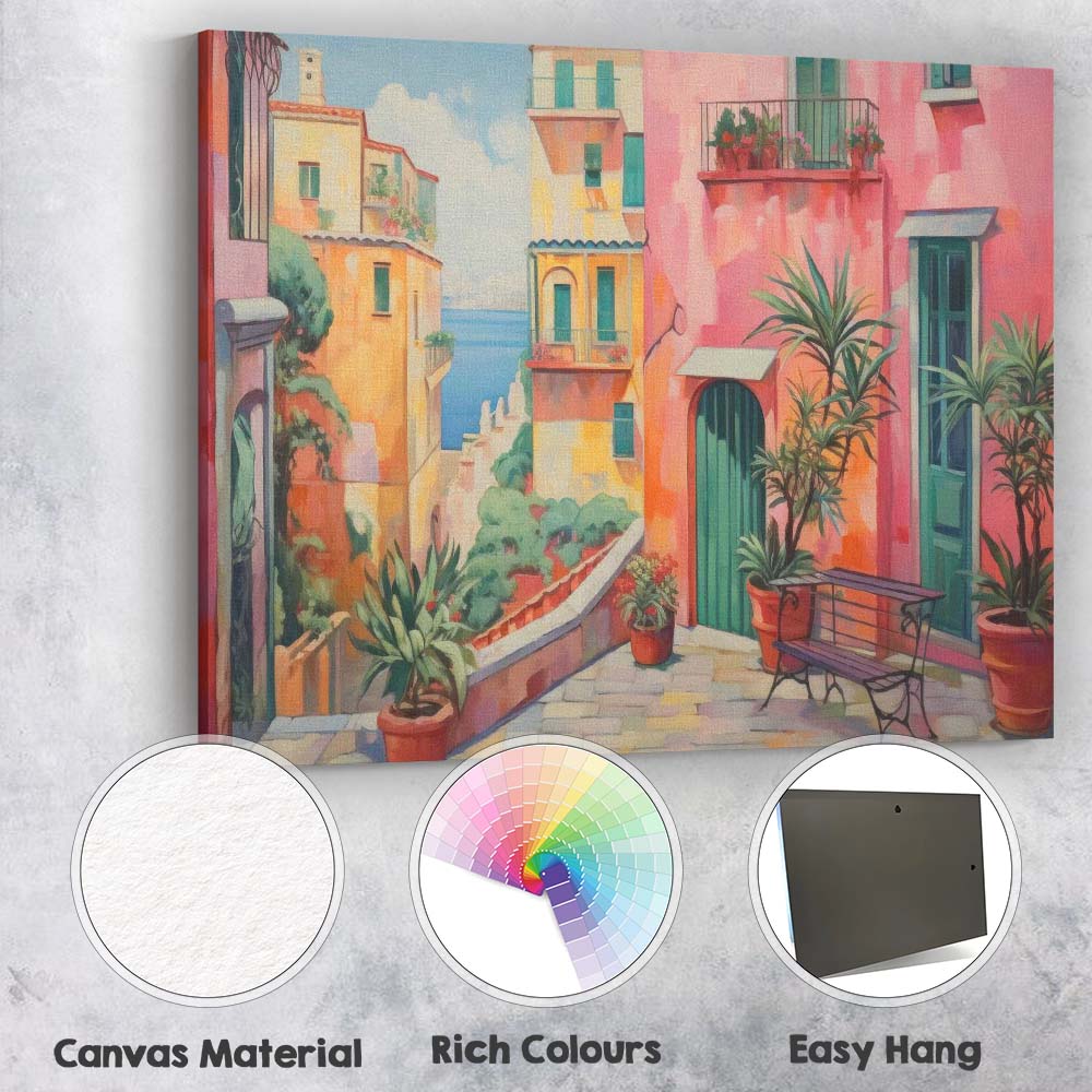 Pastel Mediterranean Coastal Village Street Scene Canvas Wall Art Print Decor Picture Ready to Hang