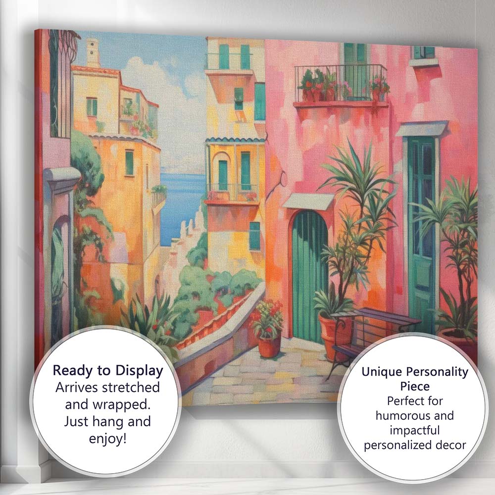 Pastel Mediterranean Coastal Village Street Scene Canvas Wall Art Print Decor Picture Ready to Hang