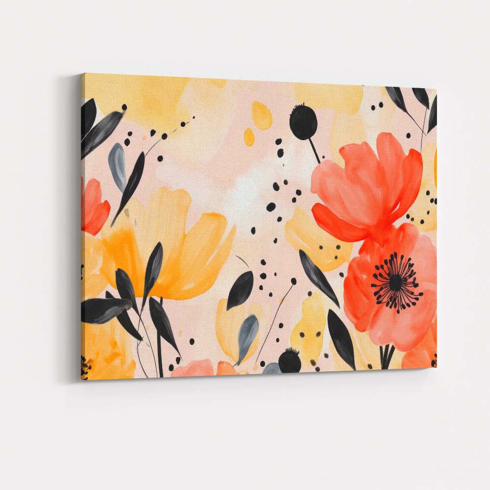 Modern Watercolour Coral Yellow Wildflower Botanical Pattern Canvas Wall Art Print Decor Picture Ready to Hang