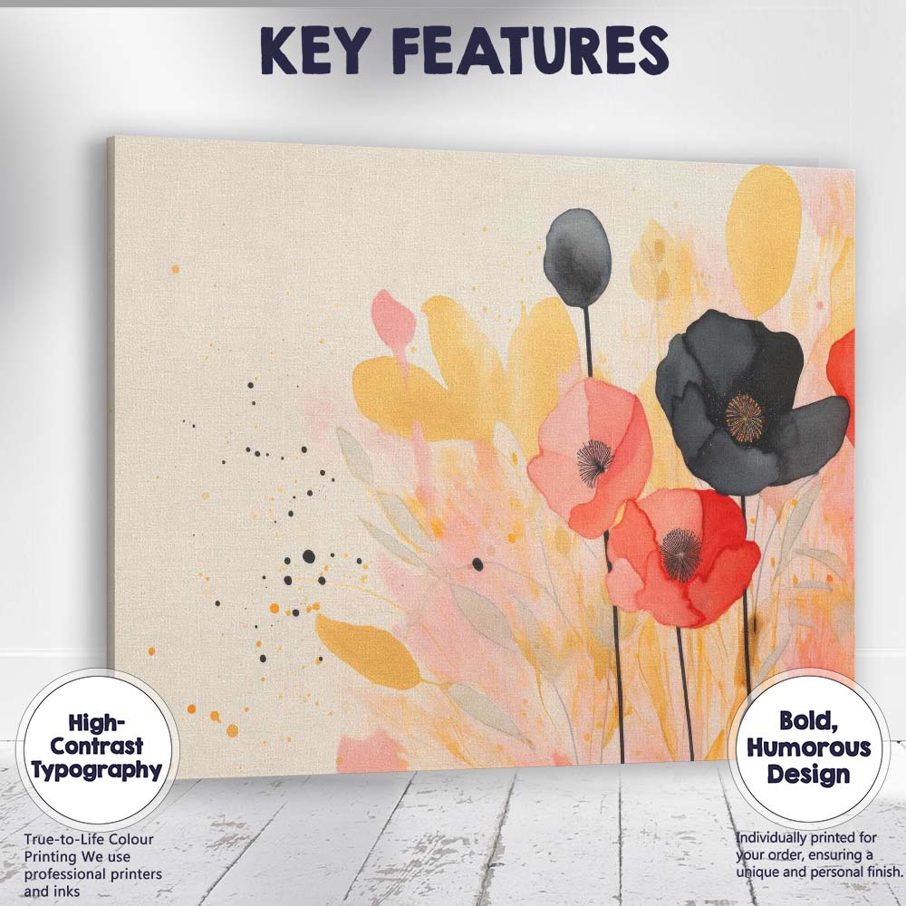 Minimalist Watercolour Poppy Floral Botanical Illustration Canvas Wall Art Print Decor Picture Ready to Hang