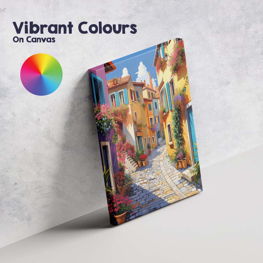 Colourful Mediterranean Village Flower Filled Cobbled Street Canvas Wall Art Print Decor Picture Ready to Hang