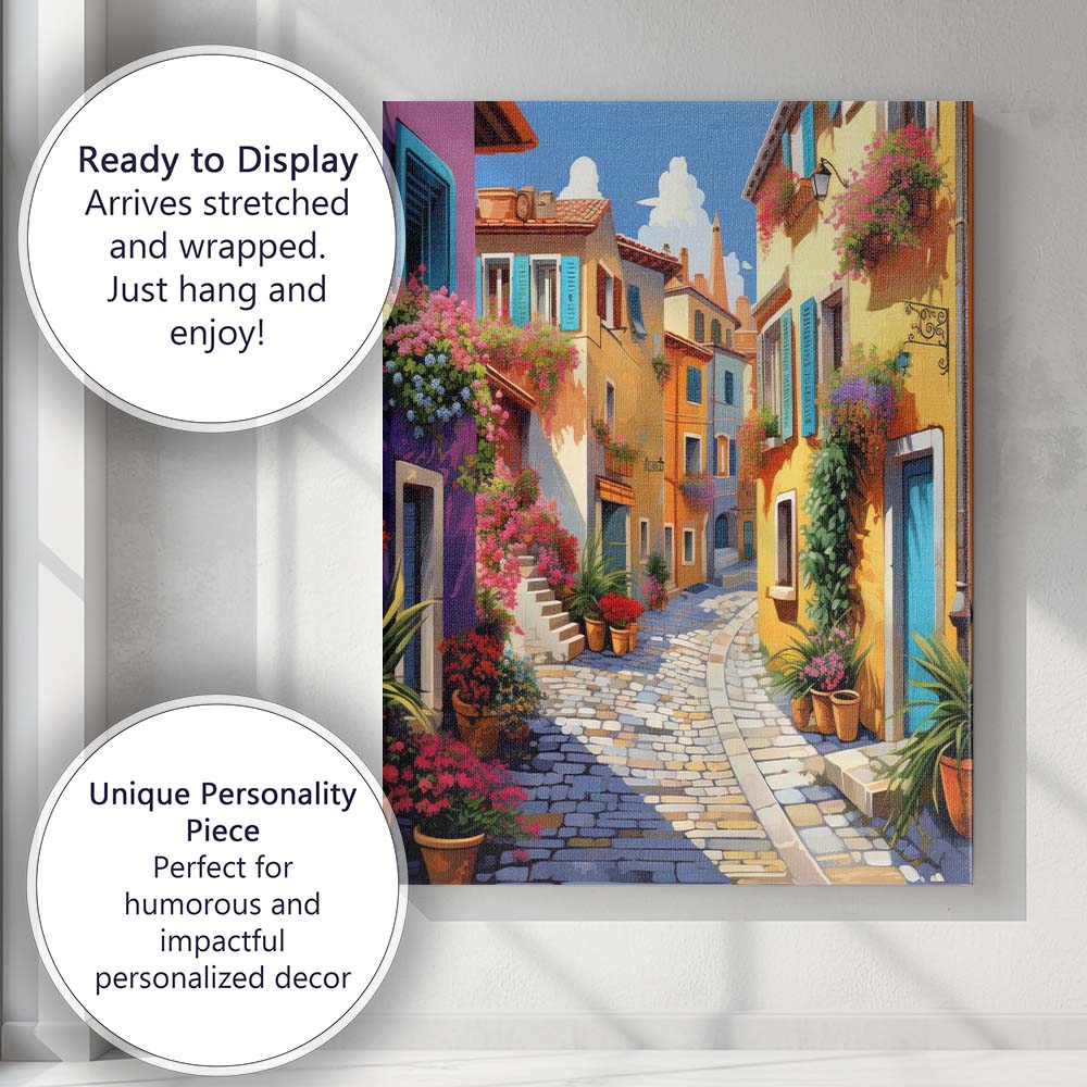Colourful Mediterranean Village Flower Filled Cobbled Street Canvas Wall Art Print Decor Picture Ready to Hang