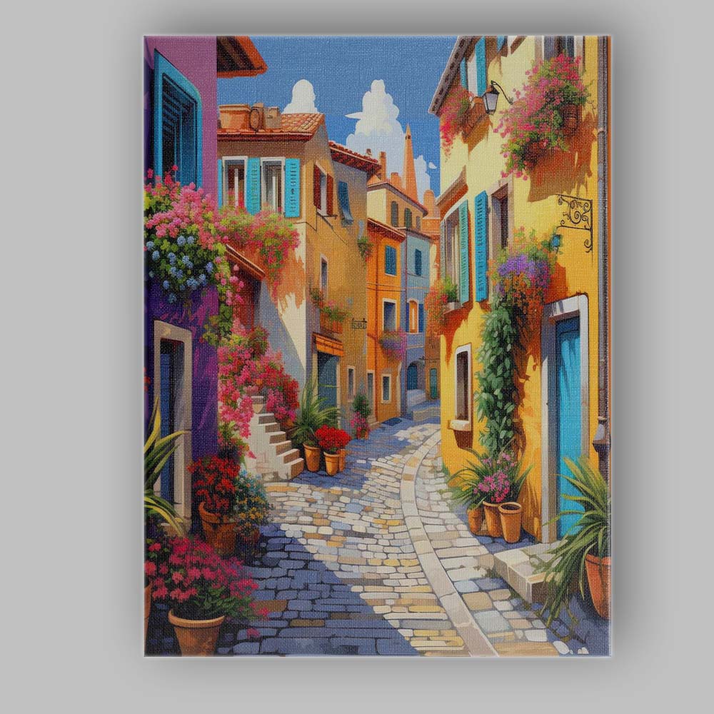 Colourful Mediterranean Village Flower Filled Cobbled Street Canvas Wall Art Print Decor Picture Ready to Hang