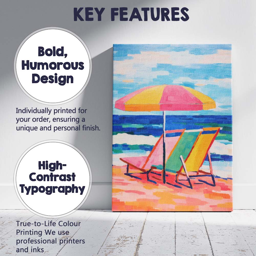 Bright Coastal Beach Umbrella Deck Chairs Seaside Canvas Wall Art Print Decor Picture Ready to Hang