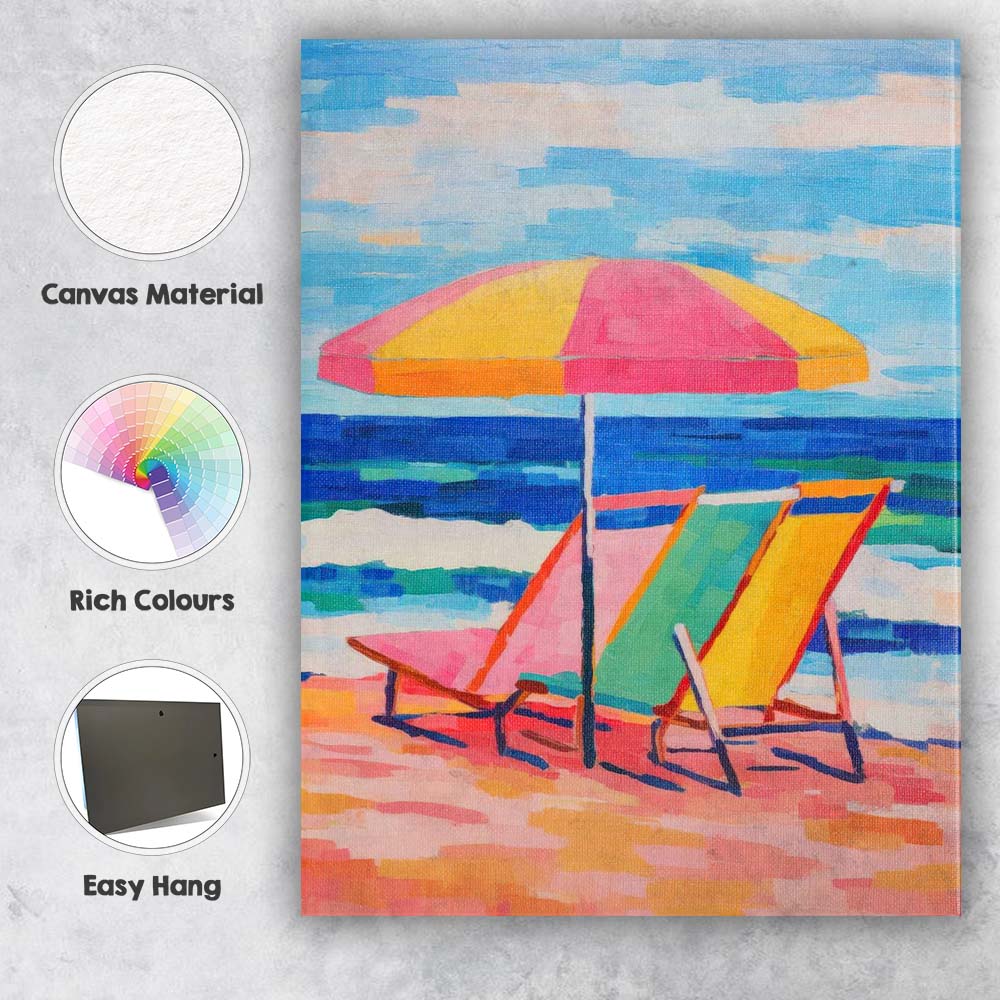 Bright Coastal Beach Umbrella Deck Chairs Seaside Canvas Wall Art Print Decor Picture Ready to Hang