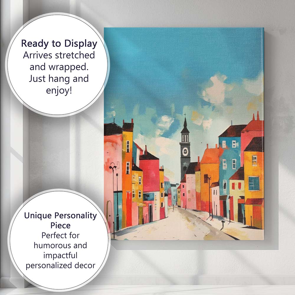 Colourful Contemporary Townscape Clock Tower Cityscape Canvas Wall Art Print Decor Picture Ready to Hang