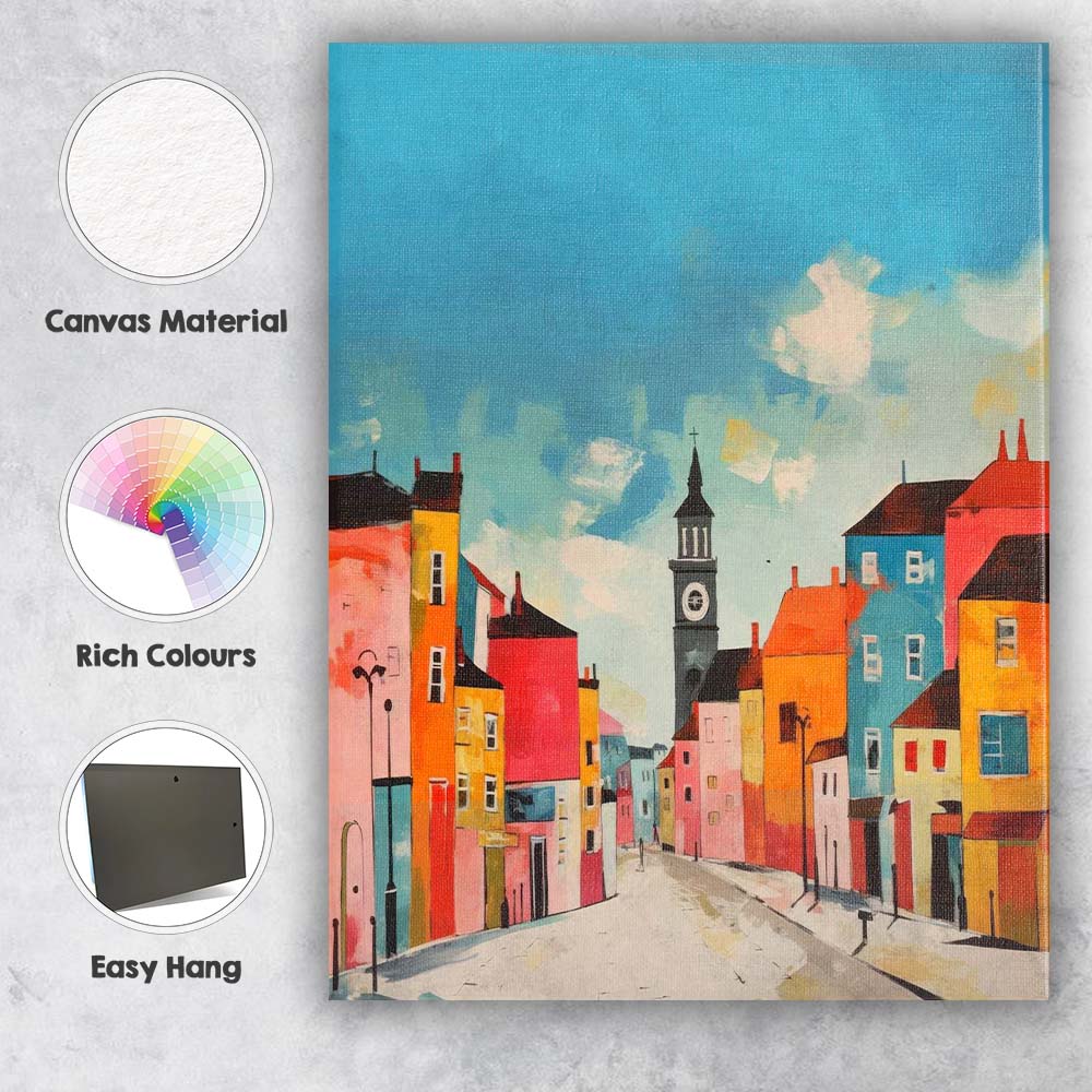 Colourful Contemporary Townscape Clock Tower Cityscape Canvas Wall Art Print Decor Picture Ready to Hang