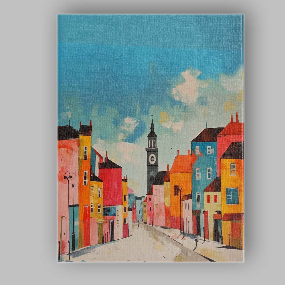 Colourful Contemporary Townscape Clock Tower Cityscape Canvas Wall Art Print Decor Picture Ready to Hang