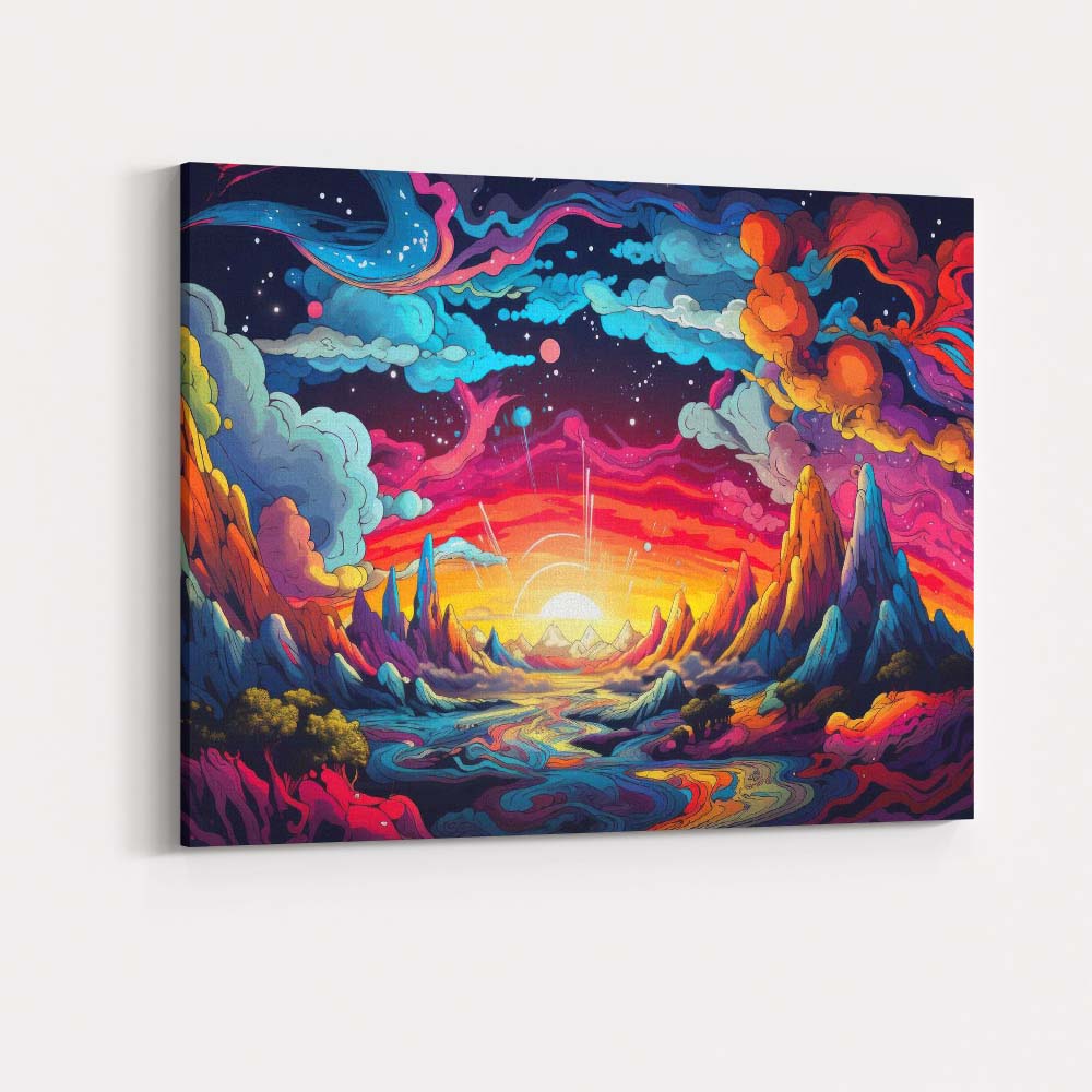 Psychedelic Cosmic Fantasy Landscape Vibrant Sunset Canvas Wall Art Print Decor Picture Ready to Hang