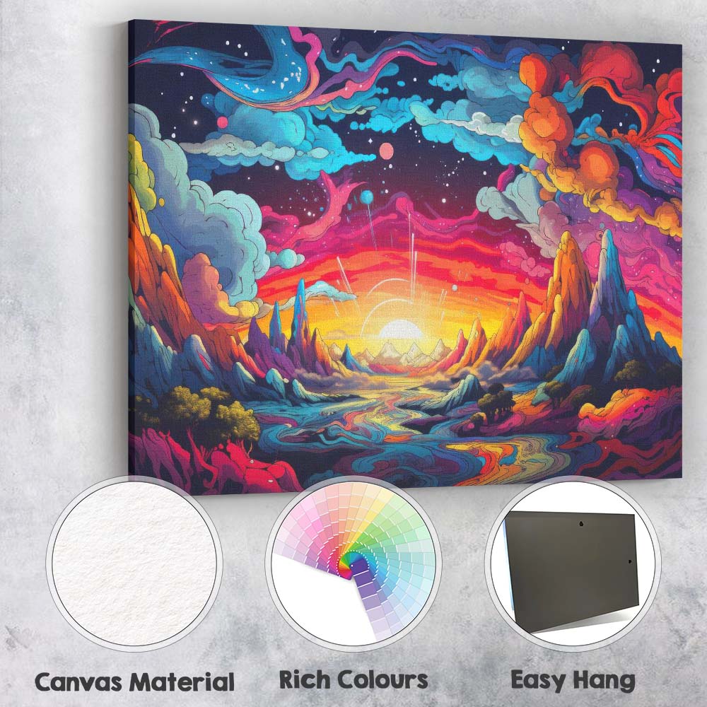 Psychedelic Cosmic Fantasy Landscape Vibrant Sunset Canvas Wall Art Print Decor Picture Ready to Hang
