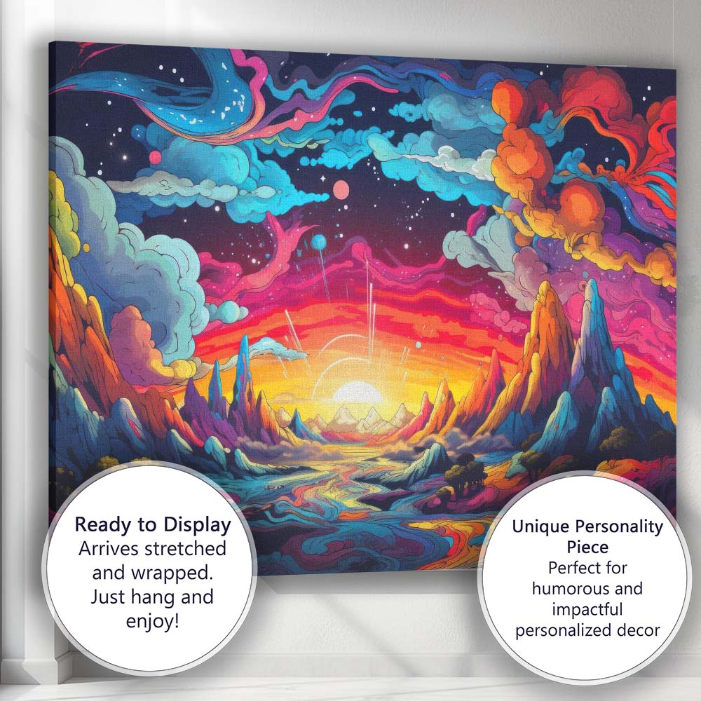 Psychedelic Cosmic Fantasy Landscape Vibrant Sunset Canvas Wall Art Print Decor Picture Ready to Hang