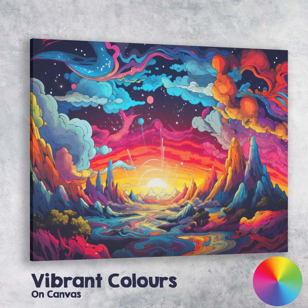 Psychedelic Cosmic Fantasy Landscape Vibrant Sunset Canvas Wall Art Print Decor Picture Ready to Hang