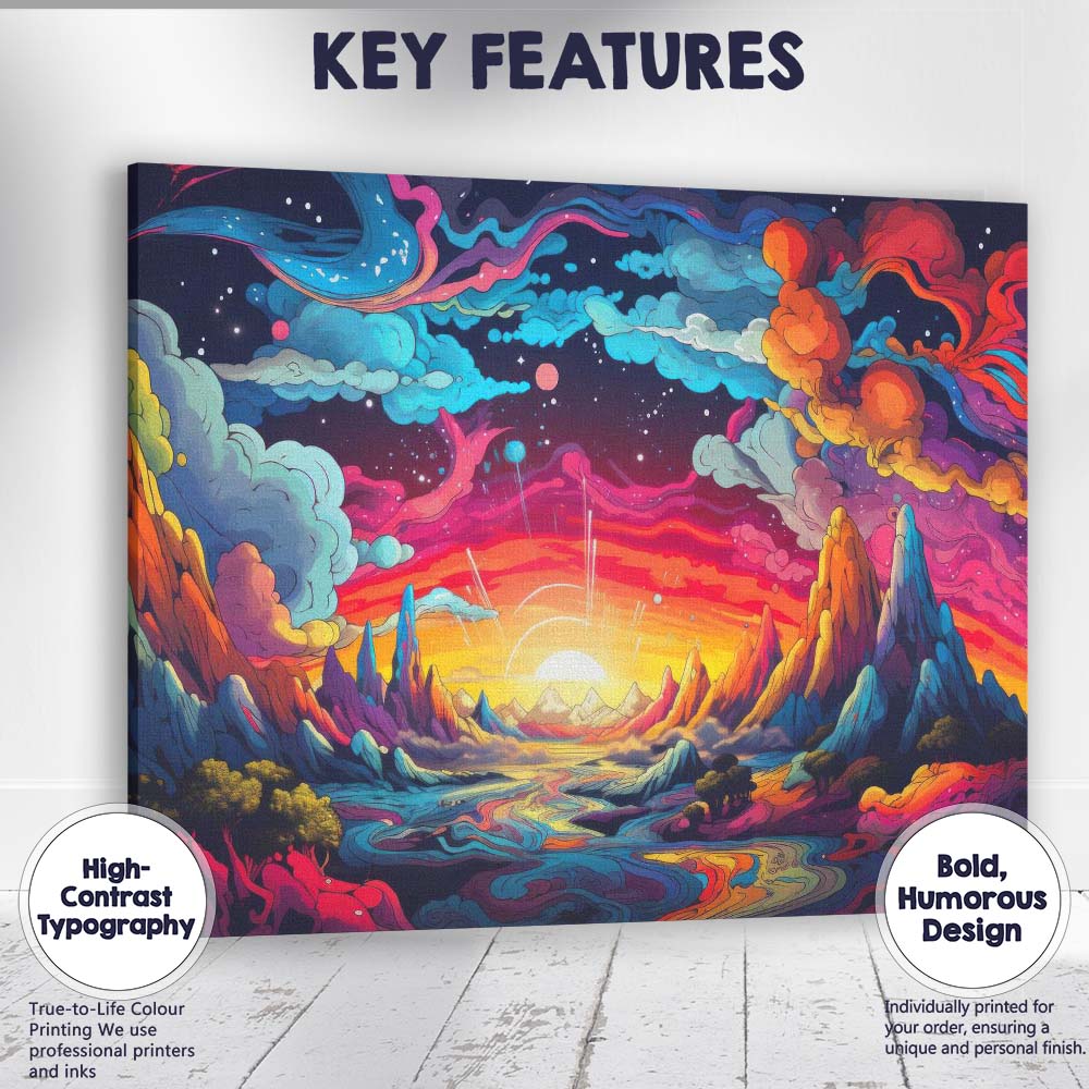 Psychedelic Cosmic Fantasy Landscape Vibrant Sunset Canvas Wall Art Print Decor Picture Ready to Hang