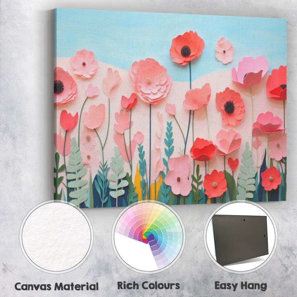 Layered Paper Cut Pink Wildflower Meadow Botanical Canvas Wall Art Print Decor Picture Ready to Hang