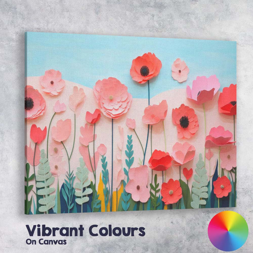 Layered Paper Cut Pink Wildflower Meadow Botanical Canvas Wall Art Print Decor Picture Ready to Hang