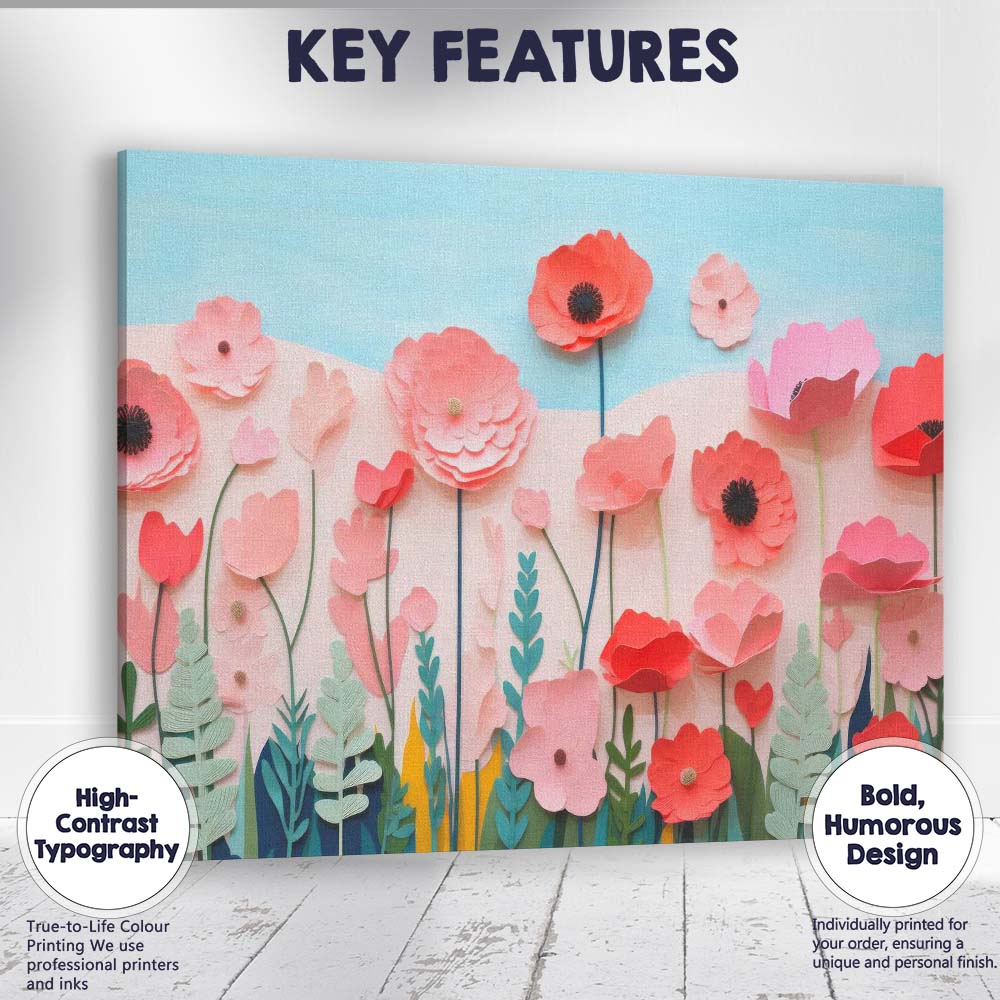 Layered Paper Cut Pink Wildflower Meadow Botanical Canvas Wall Art Print Decor Picture Ready to Hang