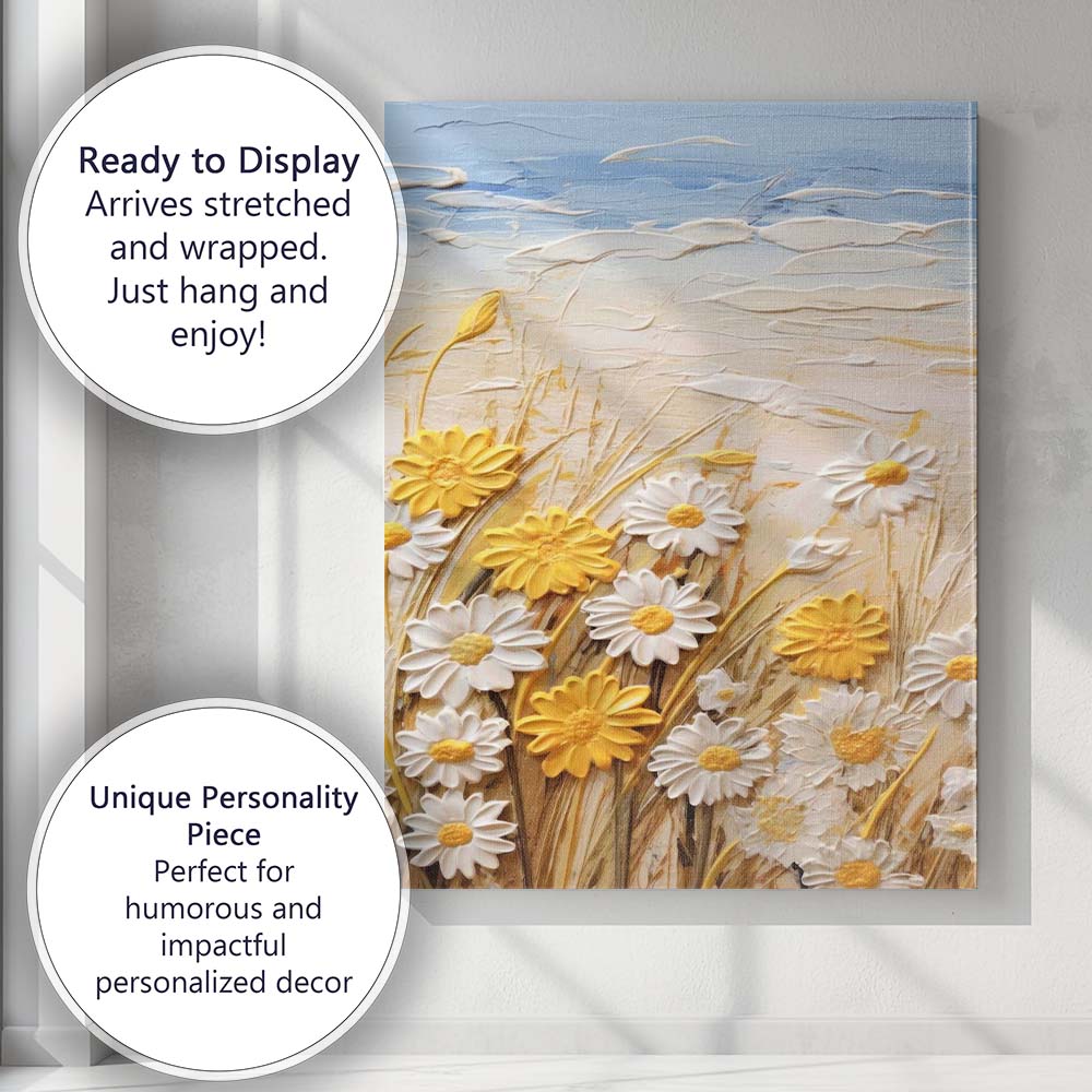 Textured White Daisy Yellow Wildflower Meadow Palette Knife Canvas Wall Art Print Decor Picture Ready to Hang