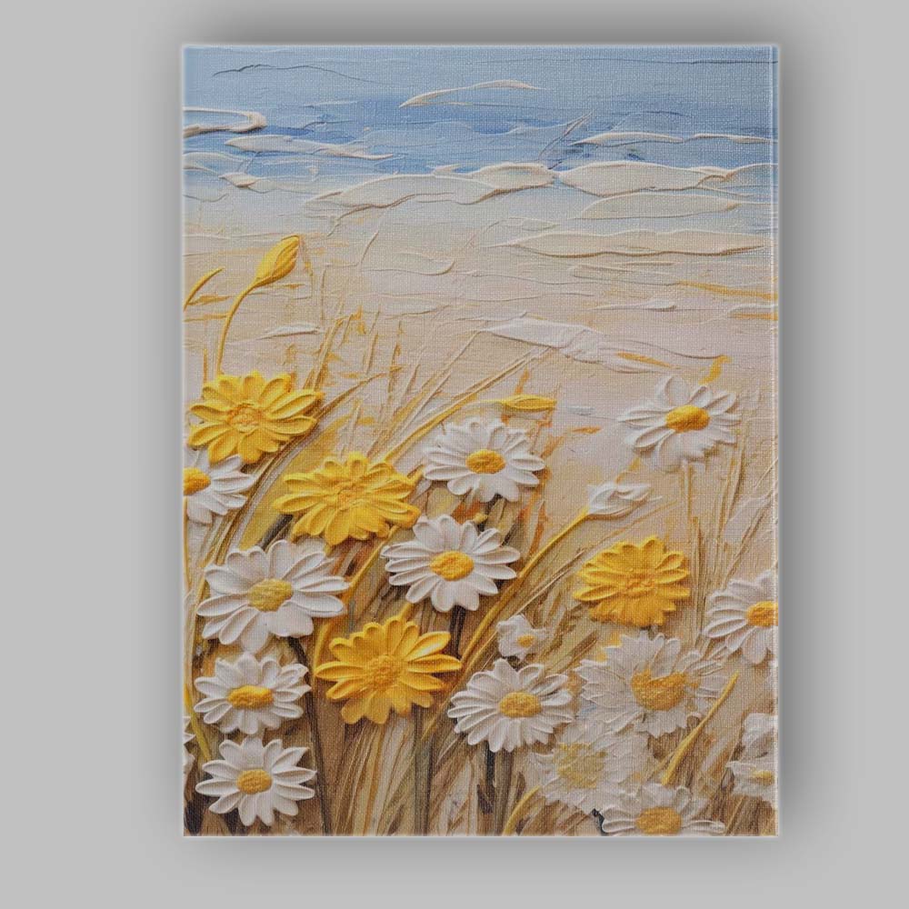 Textured White Daisy Yellow Wildflower Meadow Palette Knife Canvas Wall Art Print Decor Picture Ready to Hang