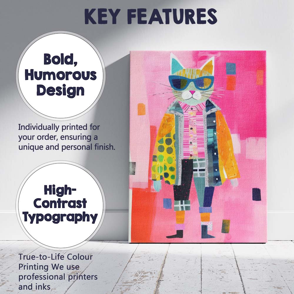 Stylish Fashion Cat Wearing Sunglasses Contemporary Collage Canvas Wall Art Print Decor Picture Ready to Hang