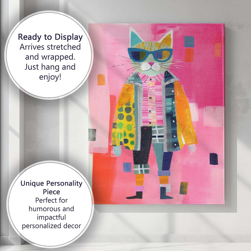 Stylish Fashion Cat Wearing Sunglasses Contemporary Collage Canvas Wall Art Print Decor Picture Ready to Hang