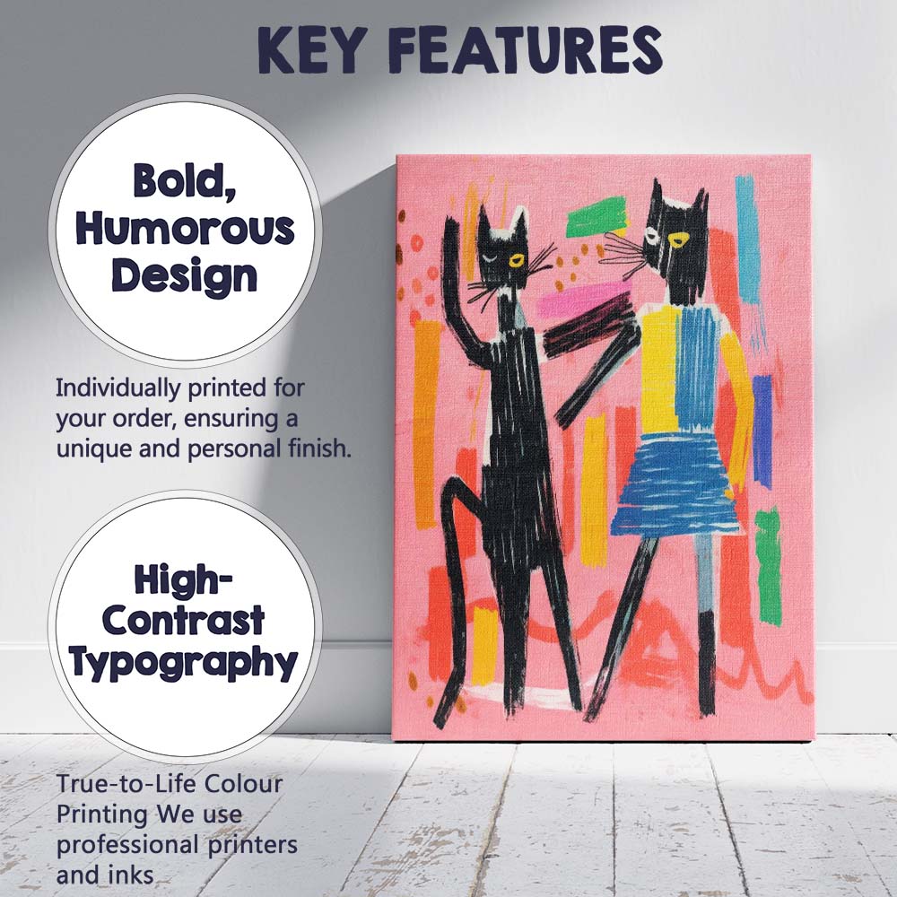 Playful Black Cats Dancing Colourful Abstract Canvas Wall Art Print Decor Picture Ready to Hang