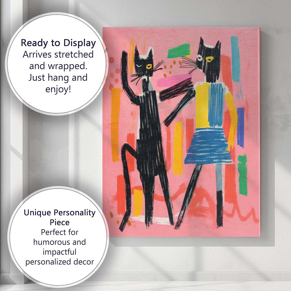 Playful Black Cats Dancing Colourful Abstract Canvas Wall Art Print Decor Picture Ready to Hang