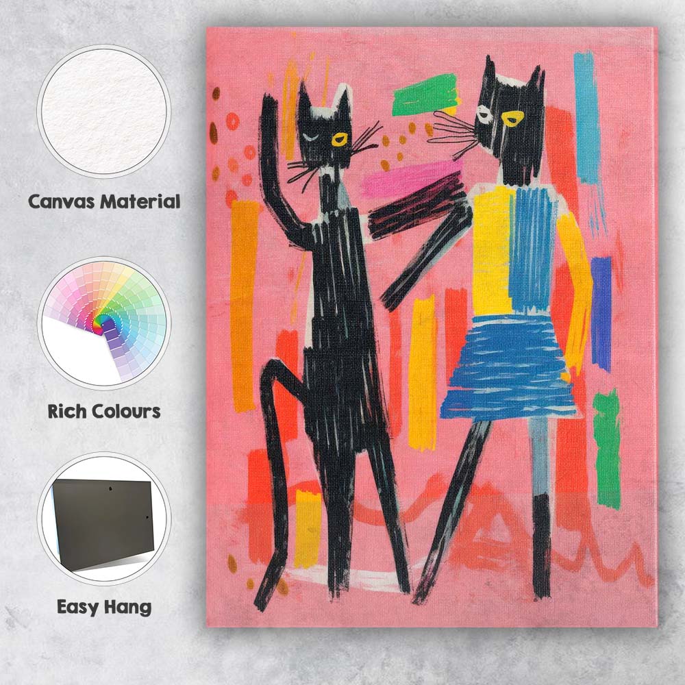 Playful Black Cats Dancing Colourful Abstract Canvas Wall Art Print Decor Picture Ready to Hang