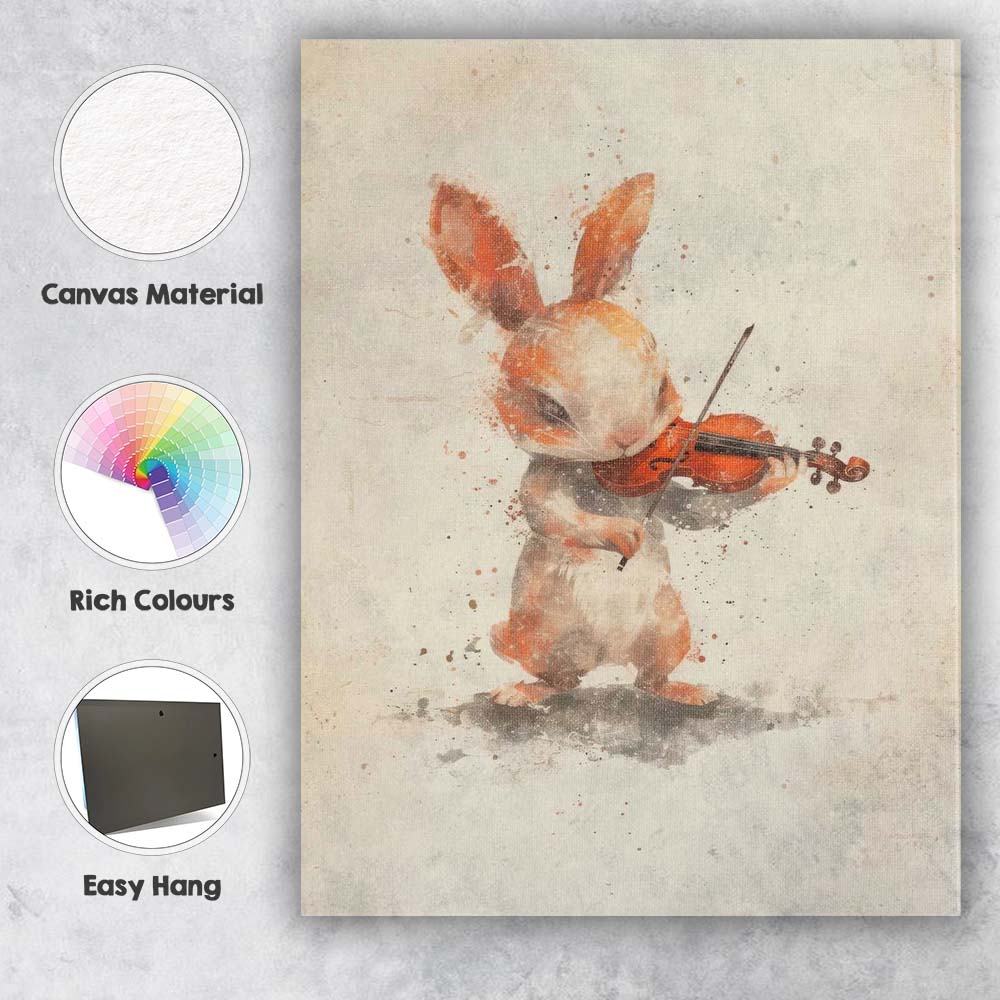 Watercolour Bunny Playing Violin Woodland Animal Canvas Wall Art Print Decor Picture Ready to Hang