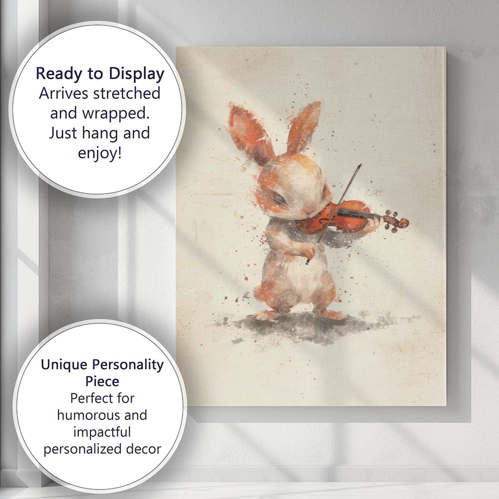 Soft Watercolour Bunny Playing Violin Woodland Animal Canvas Wall Art Print Decor Picture Ready to Hang