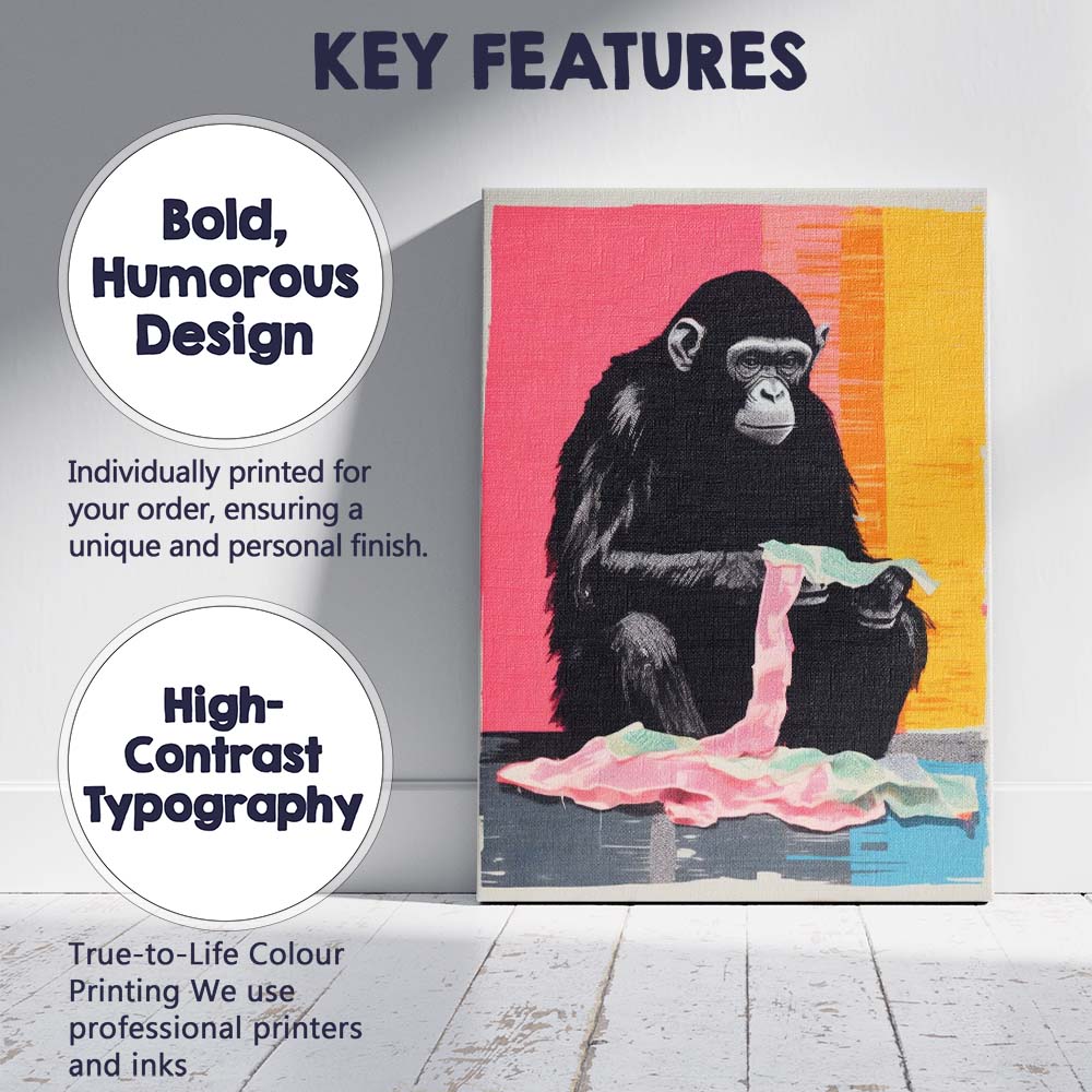 Contemporary Pop Art Chimpanzee With Fabric Abstract Animal Portrait Canvas Wall Art Print Decor Picture Ready to Hang