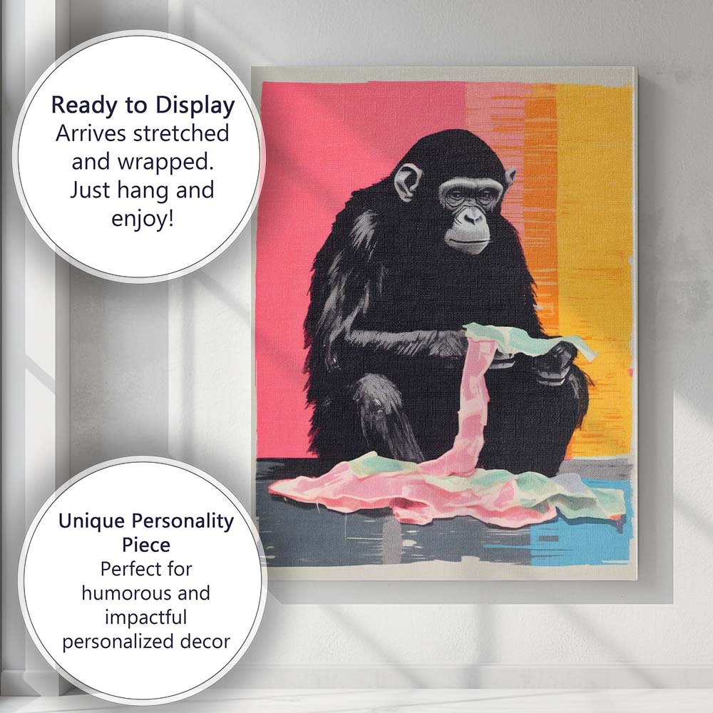 Contemporary Pop Art Chimpanzee With Fabric Abstract Animal Portrait Canvas Wall Art Print Decor Picture Ready to Hang