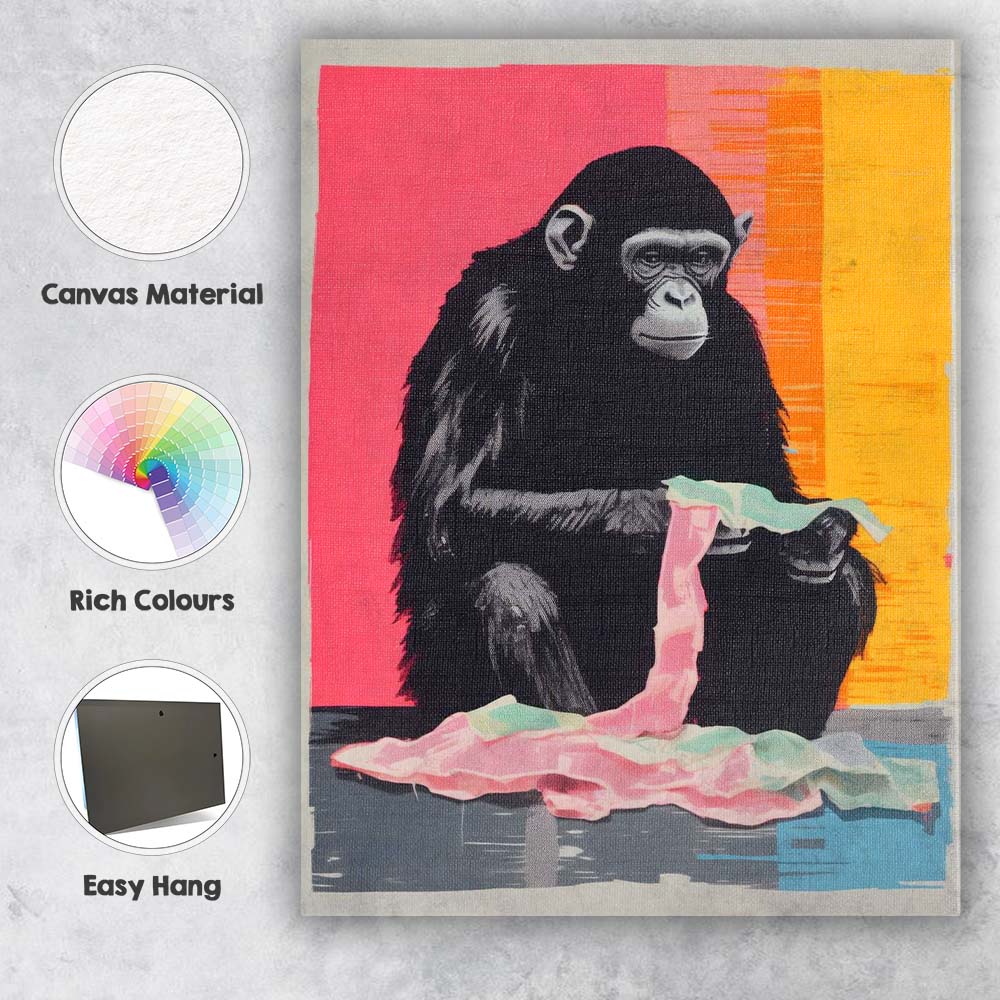 Contemporary Pop Art Chimpanzee With Fabric Abstract Animal Portrait Canvas Wall Art Print Decor Picture Ready to Hang