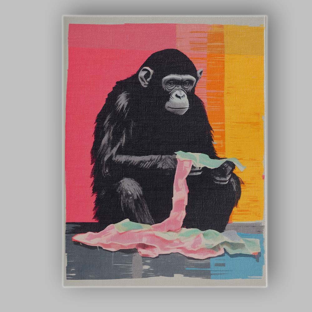 Contemporary Pop Art Chimpanzee With Fabric Abstract Animal Portrait Canvas Wall Art Print Decor Picture Ready to Hang