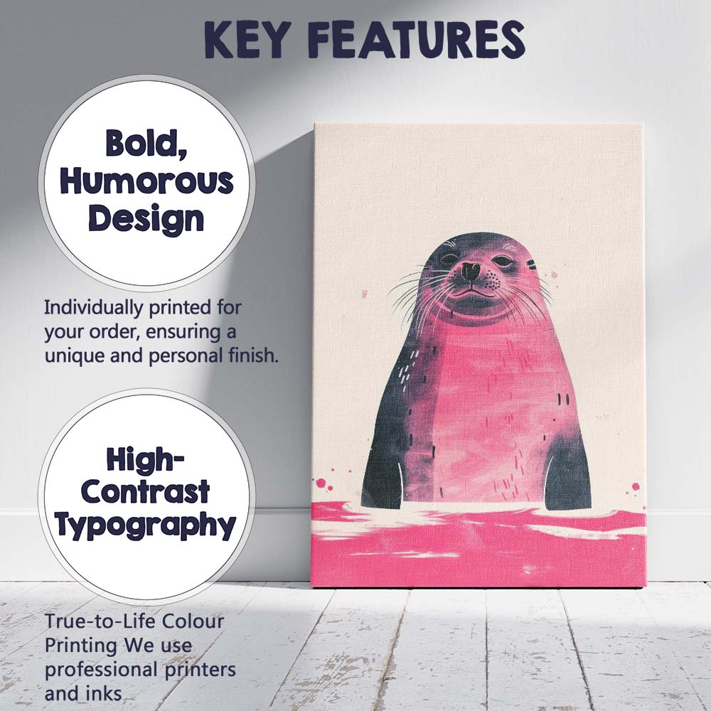 Minimalist Pink Seal Portrait Scandinavian Animal Illustration Canvas Wall Art Print Decor Picture Ready to Hang