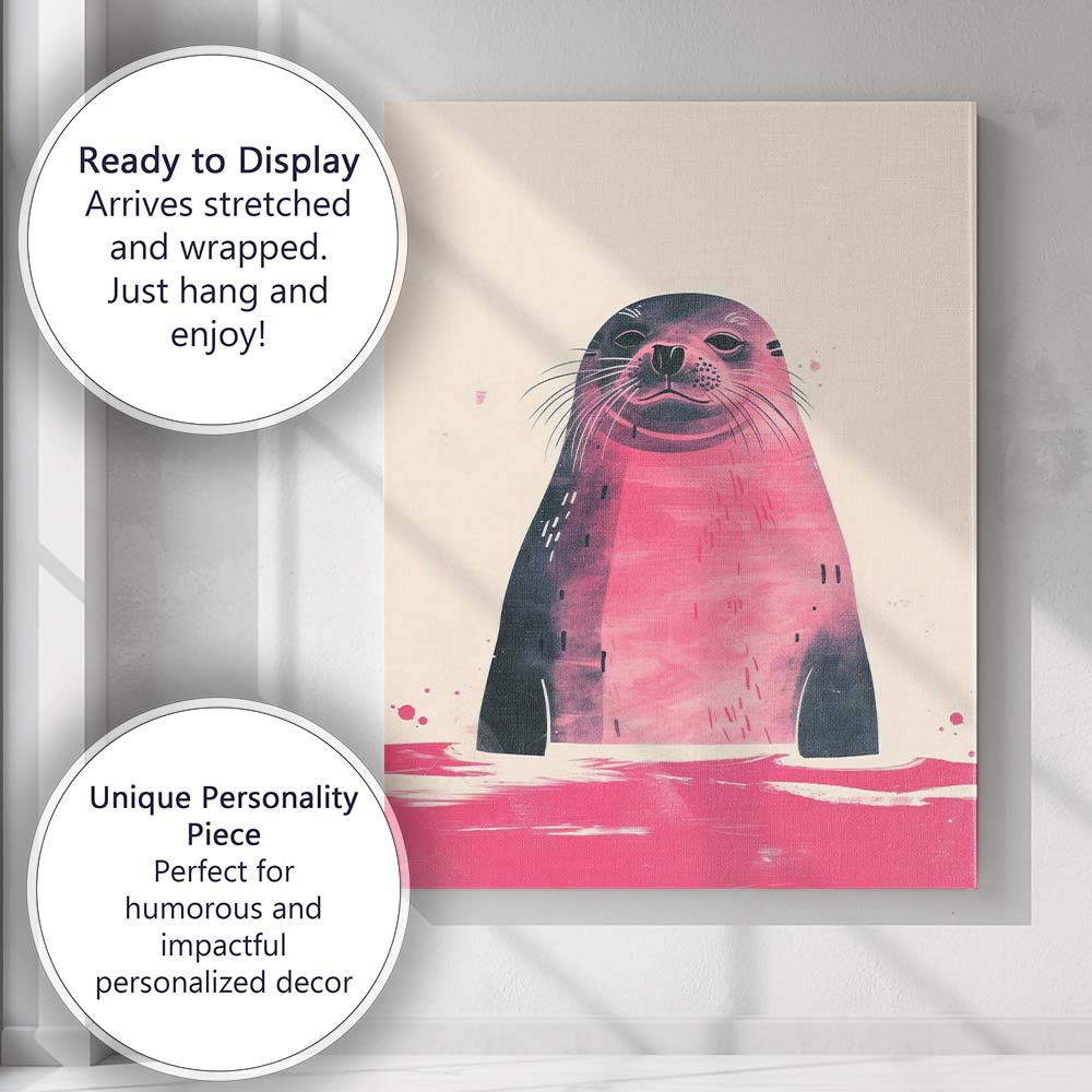 Minimalist Pink Seal Portrait Scandinavian Animal Illustration Canvas Wall Art Print Decor Picture Ready to Hang