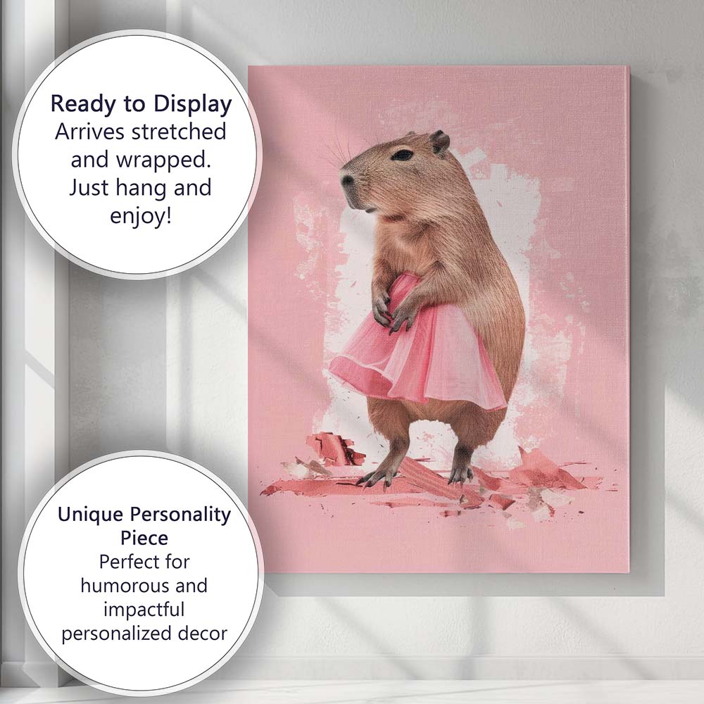 Cute Capybara Wearing Pink Ballet Tutu Whimsical Animal Portrait Canvas Wall Art Print Decor Picture Ready to Hang