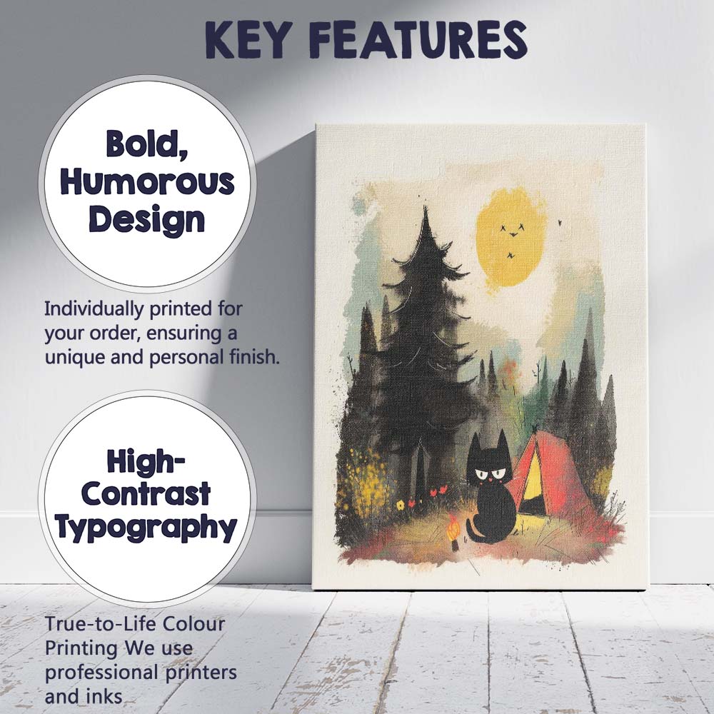 Whimsical Black Cat Camping Forest Night Cute Woodland Illustration Canvas Wall Art Print Decor Picture Ready to Hang