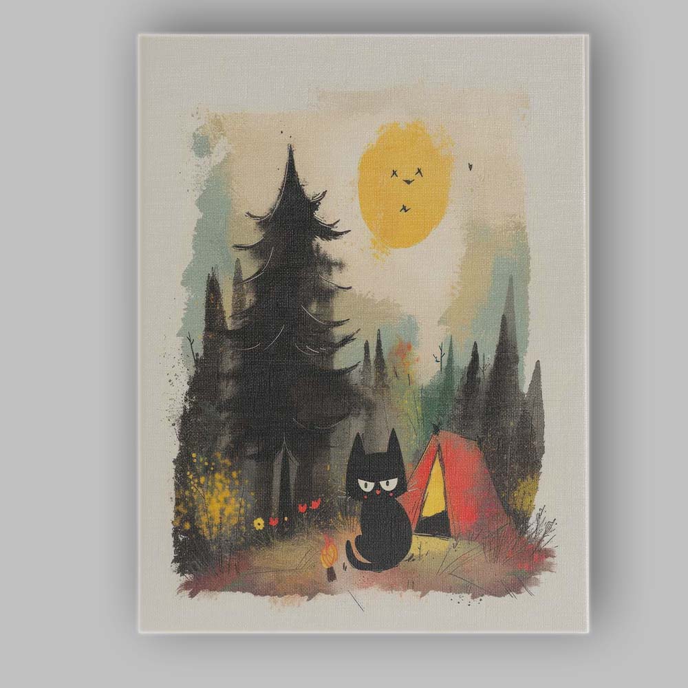 Whimsical Black Cat Camping Forest Night Cute Woodland Illustration Canvas Wall Art Print Decor Picture Ready to Hang