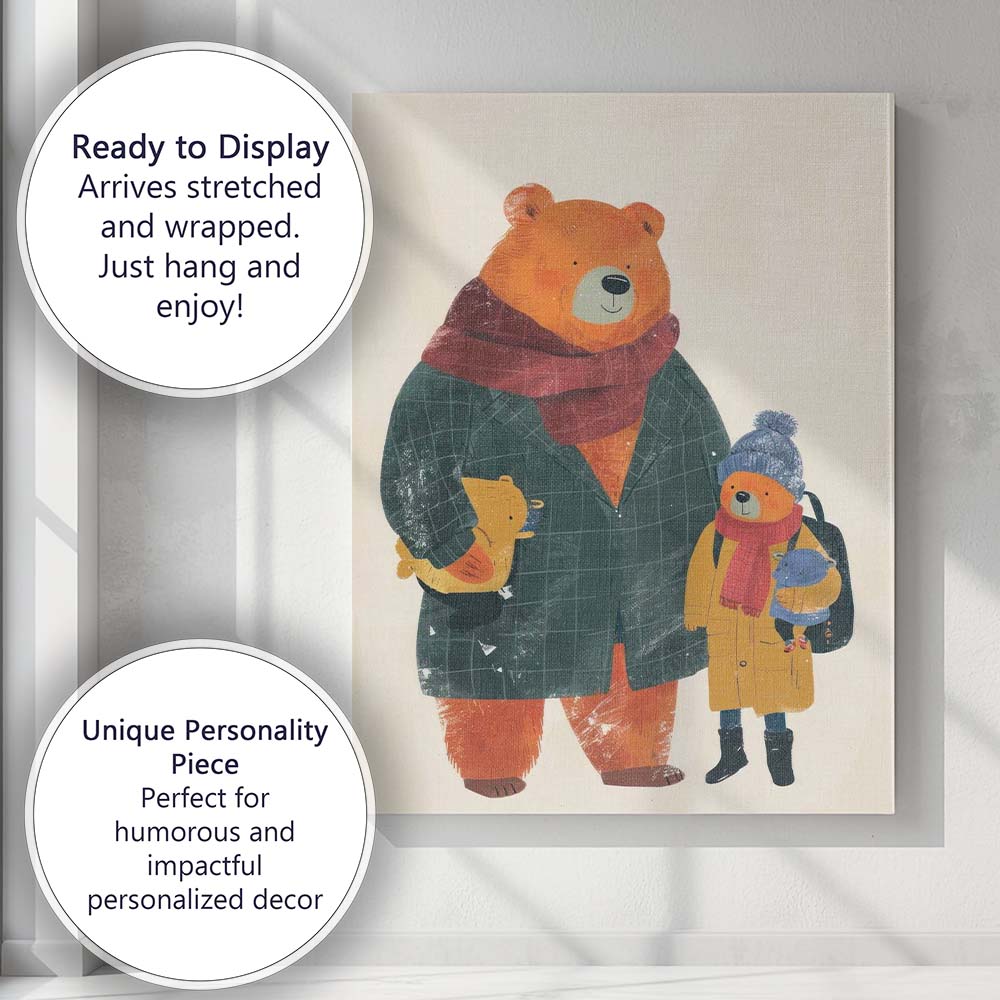 Cosy Bear Parent And Child Winter Family Illustration Canvas Wall Art Print Decor Picture Ready to Hang