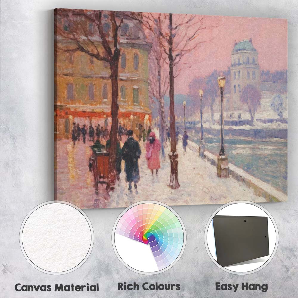 Romantic Snowy European City Street Winter Impressionist Landscape Canvas Wall Art Print Decor Picture Ready to Hang