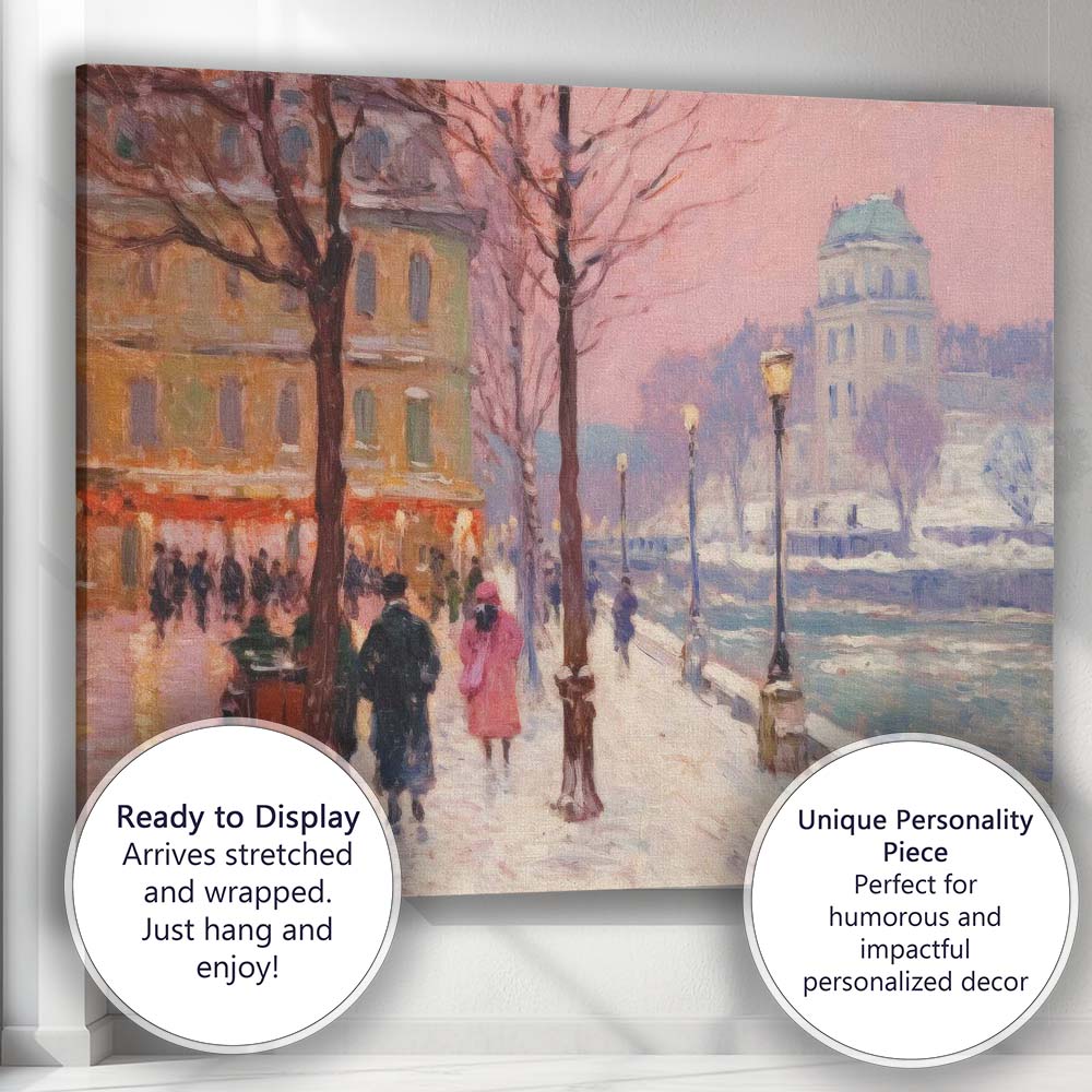 Romantic Snowy European City Street Winter Impressionist Landscape Canvas Wall Art Print Decor Picture Ready to Hang