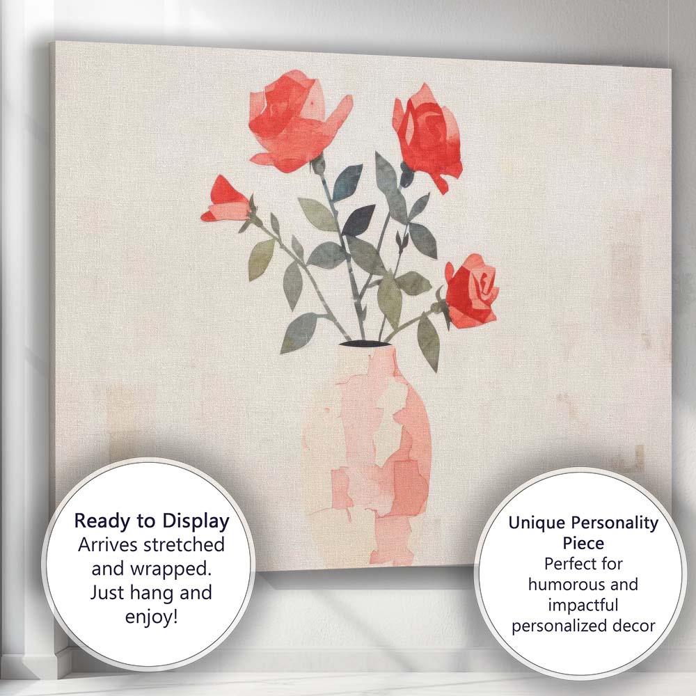 Minimalist Red Rose Bouquet Watercolour Floral Vase Canvas Wall Art Print Decor Picture Ready to Hang