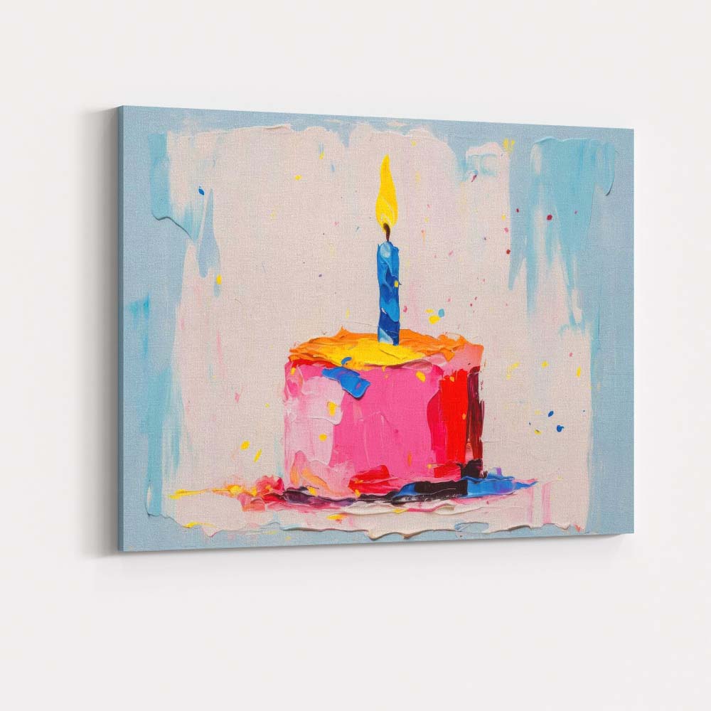 Colourful Birthday Cake Single Candle Textured Celebration Canvas Wall Art Print Decor Picture Ready to Hang