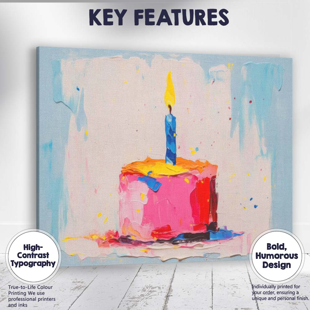 Colourful Birthday Cake Single Candle Textured Celebration Canvas Wall Art Print Decor Picture Ready to Hang