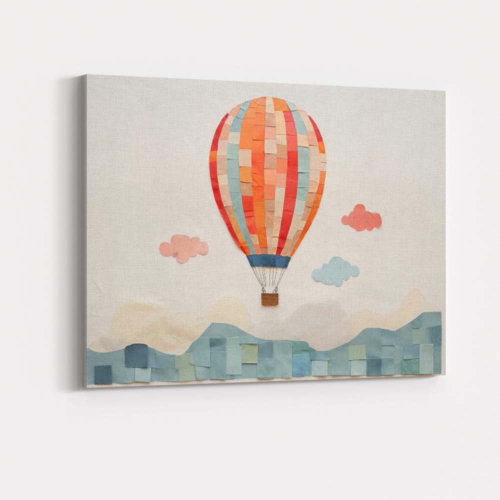 Pastel Hot Air Balloon Paper Collage Landscape Nursery Canvas Wall Art Print Decor Picture Ready to Hang