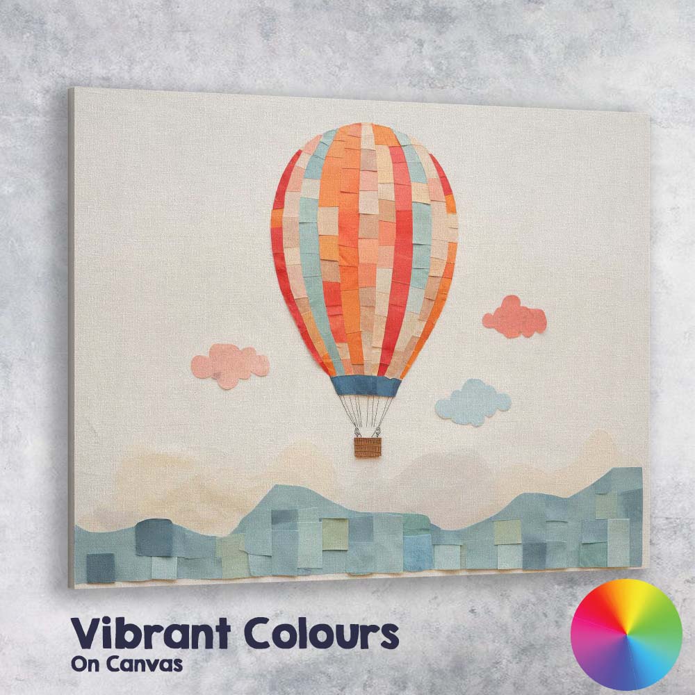 Pastel Hot Air Balloon Paper Collage Landscape Nursery Canvas Wall Art Print Decor Picture Ready to Hang