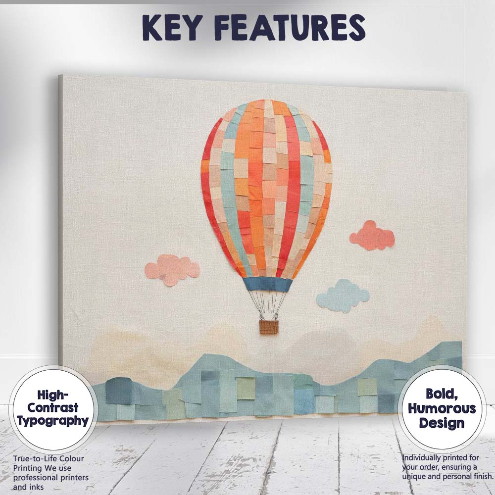 Pastel Hot Air Balloon Paper Collage Landscape Nursery Canvas Wall Art Print Decor Picture Ready to Hang